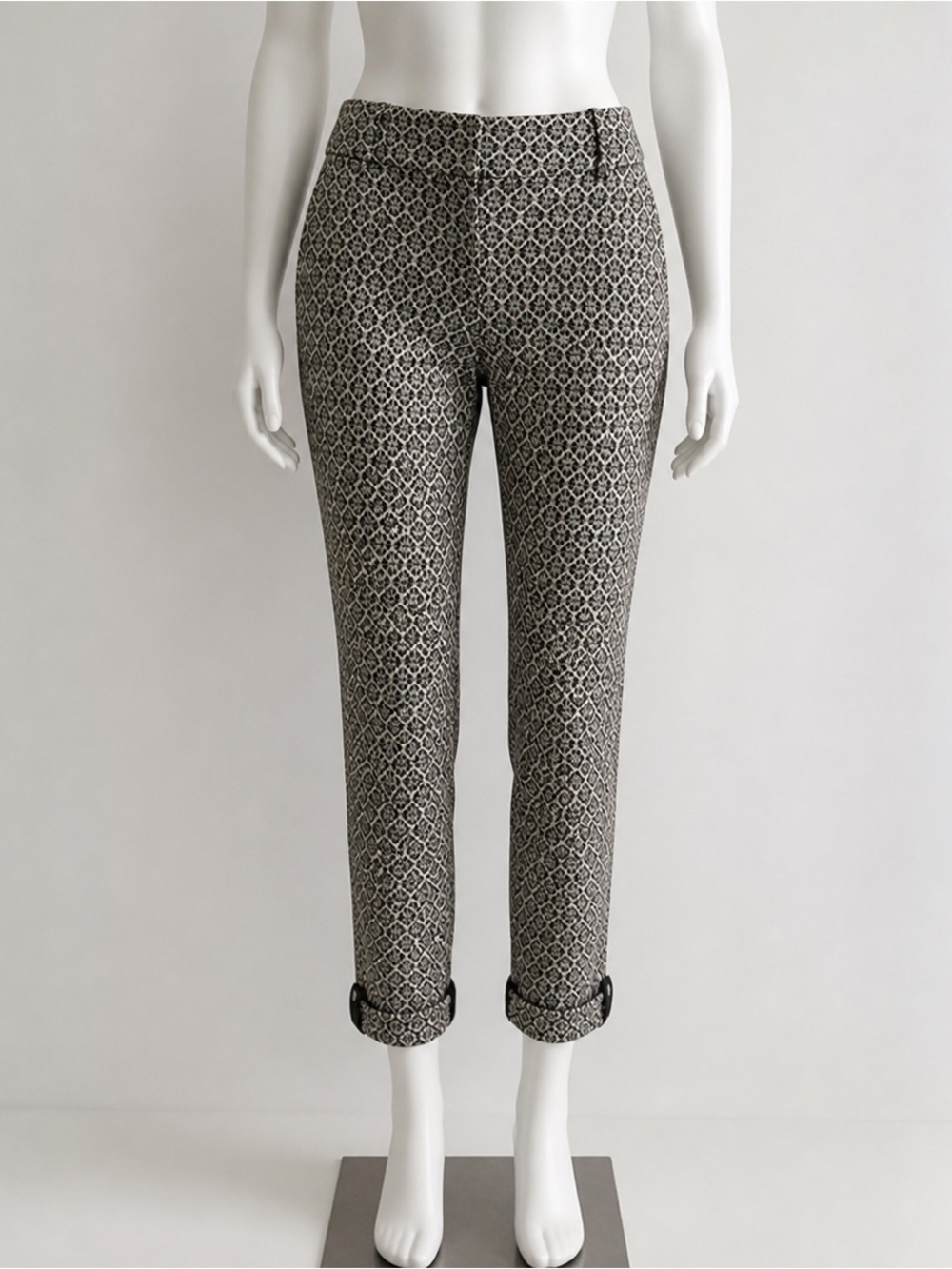 Ann Taylor Factory Curvy Pants Size 2 | Black & Gold Patterned Ankle Dress Pants